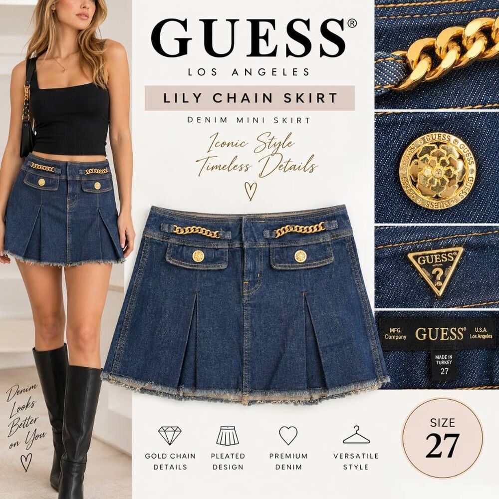 GUESS Lily Chain Denim Mini Skirt Women’s 27 (US 4) Pleated Gold Chain NWT $128
